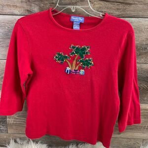 Paradise Bay Ladies Holiday Top, Palm Tree Christmas Tree Lights,Presents, PM